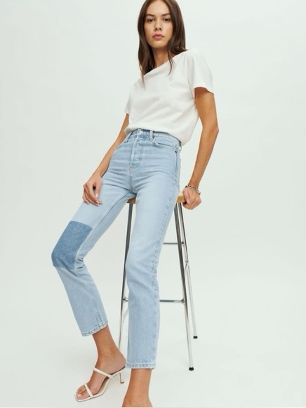 Reformation Cynthia Patch High-Rise Straight-Leg Light Blue Denim Jeans size 28
